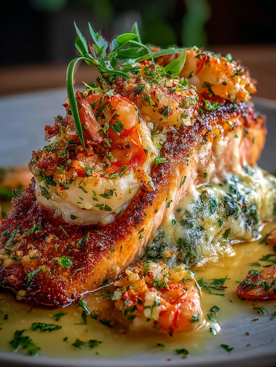 Nahaufnahme eines zubereiteten Fischstücks mit Krabben und Garnelen obendrauf.