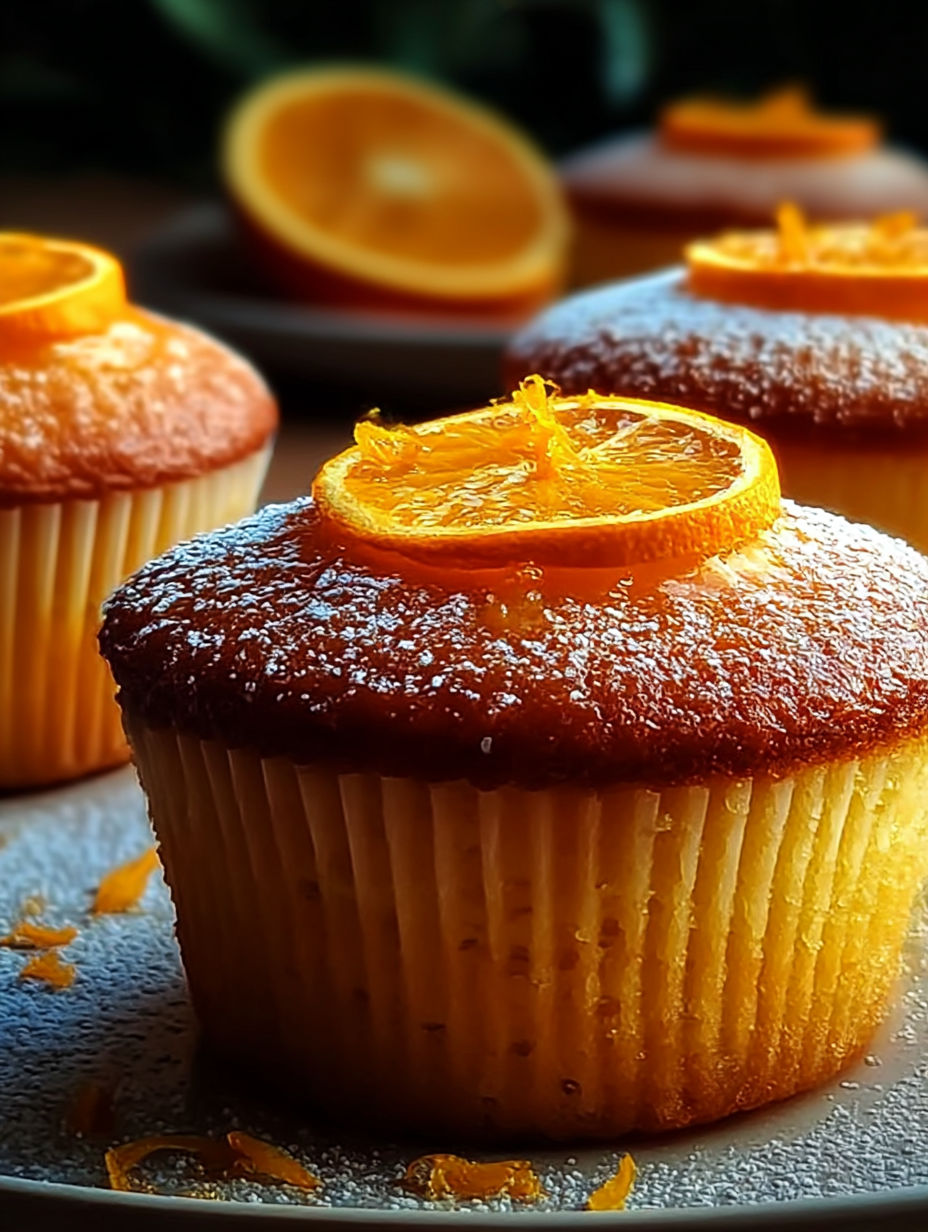 Ein Cupcake mit einer Orangenscheibe obendrauf.