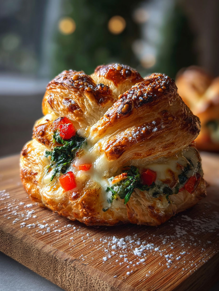 Ein Blätterteig mit grüner Füllung liegt auf einem Tisch.
