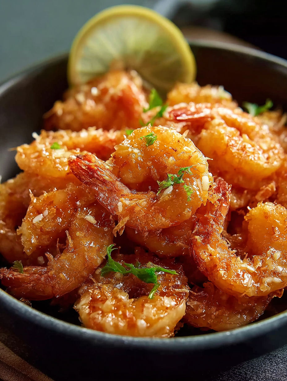 Eine Schüssel chinesische Kokosgarnelen.