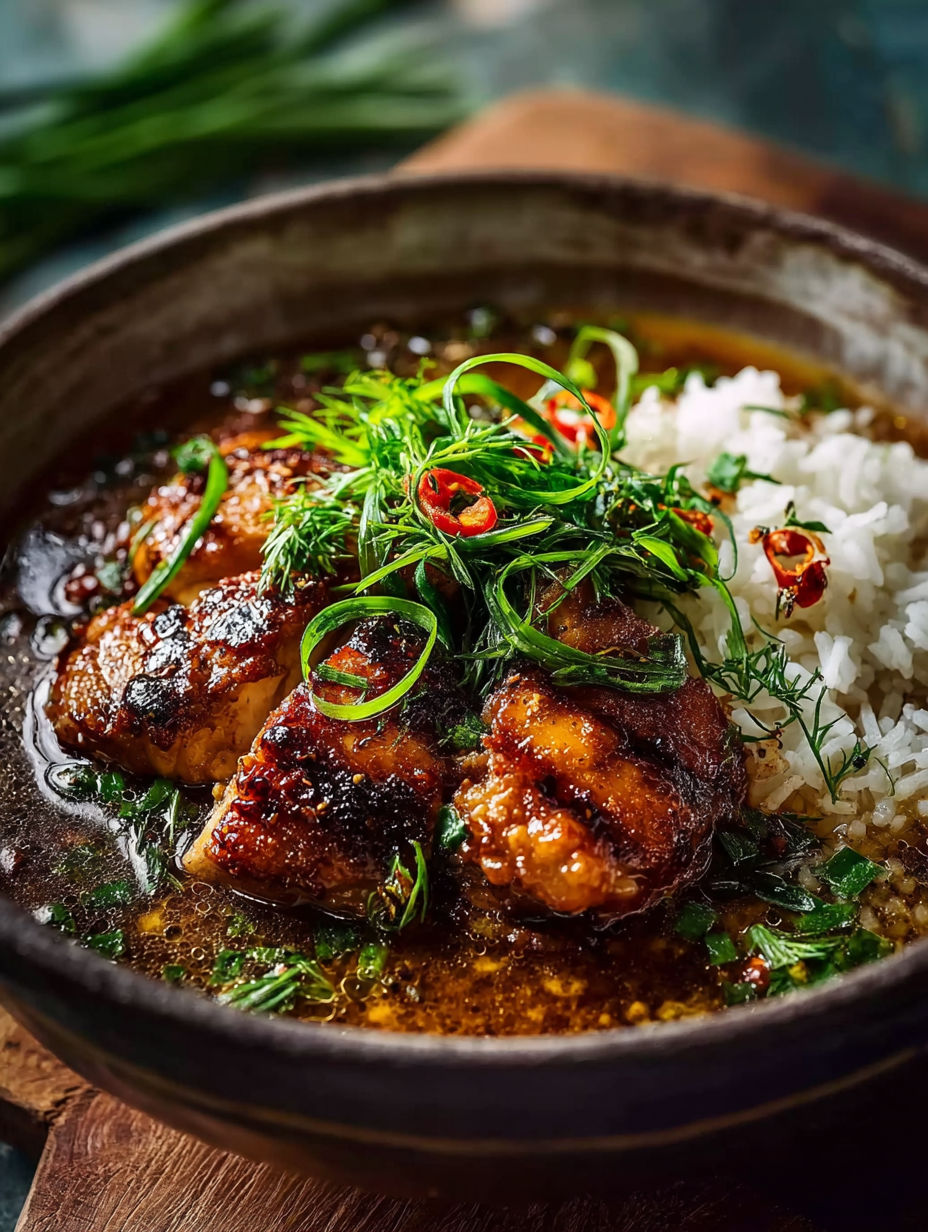 Schale mit Reis und Hähnchen.