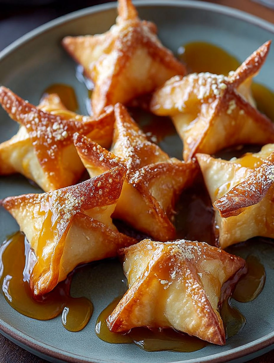 Ein Teller mit Karamell-Apfel-Wontons.