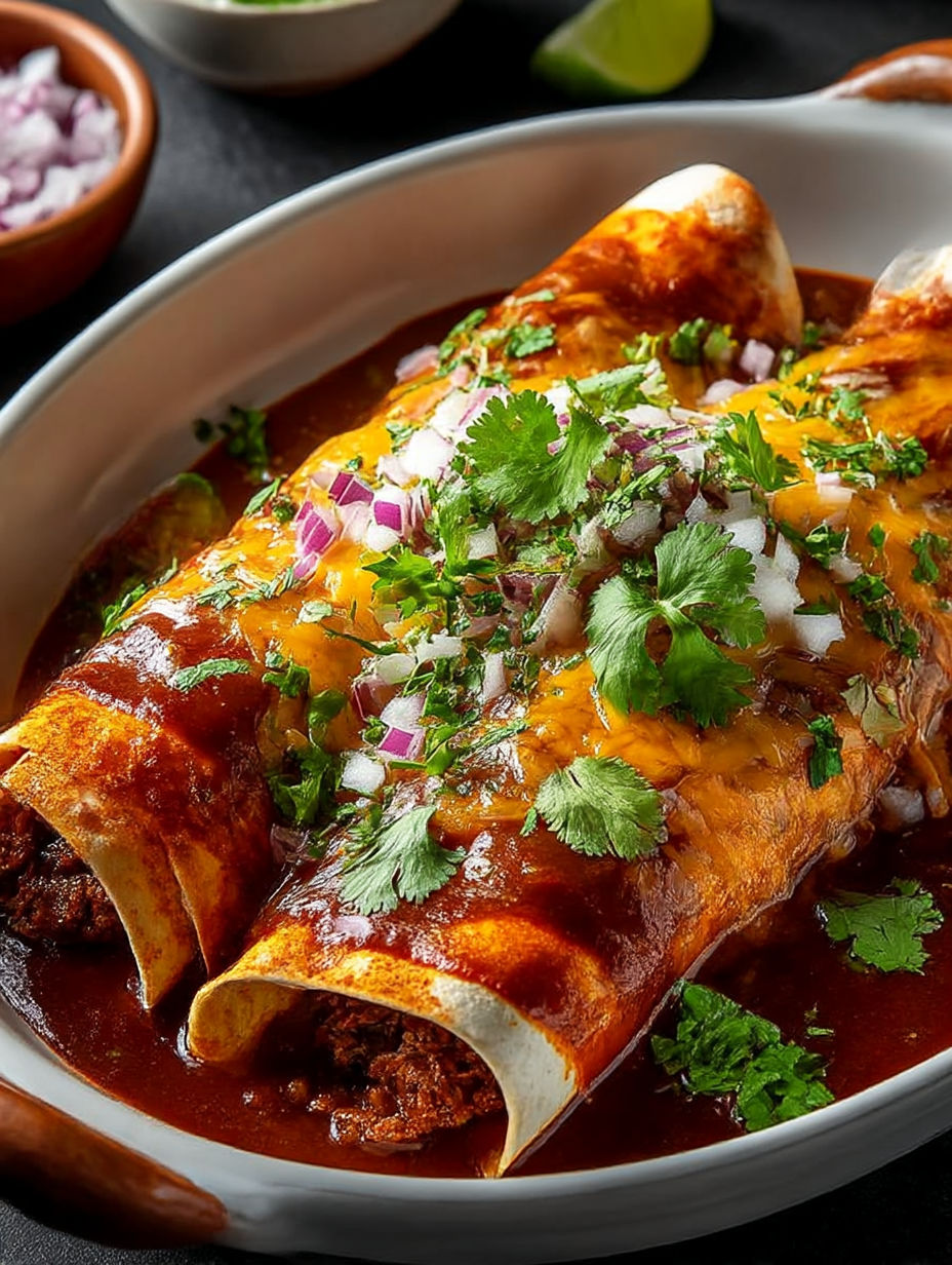 Ein Teller mit Burrito und Zwiebeln.