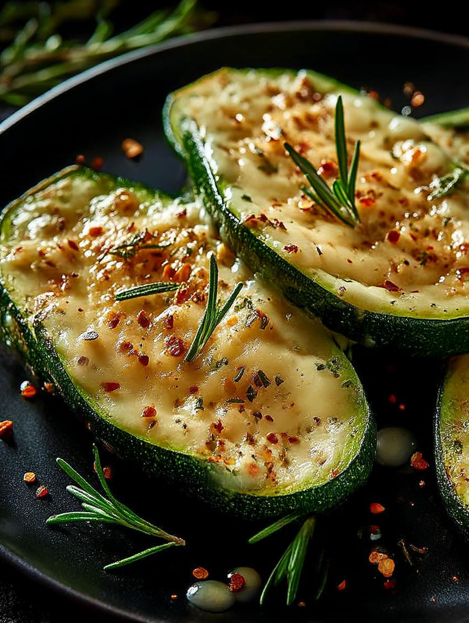 Ein Teller mit gegrillter Zucchini, Käse und Knoblauch.