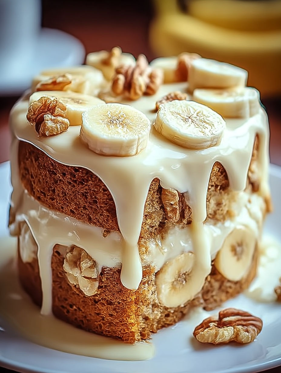 Ein Stück Bananen-Walnuss-Sahnekuchen.