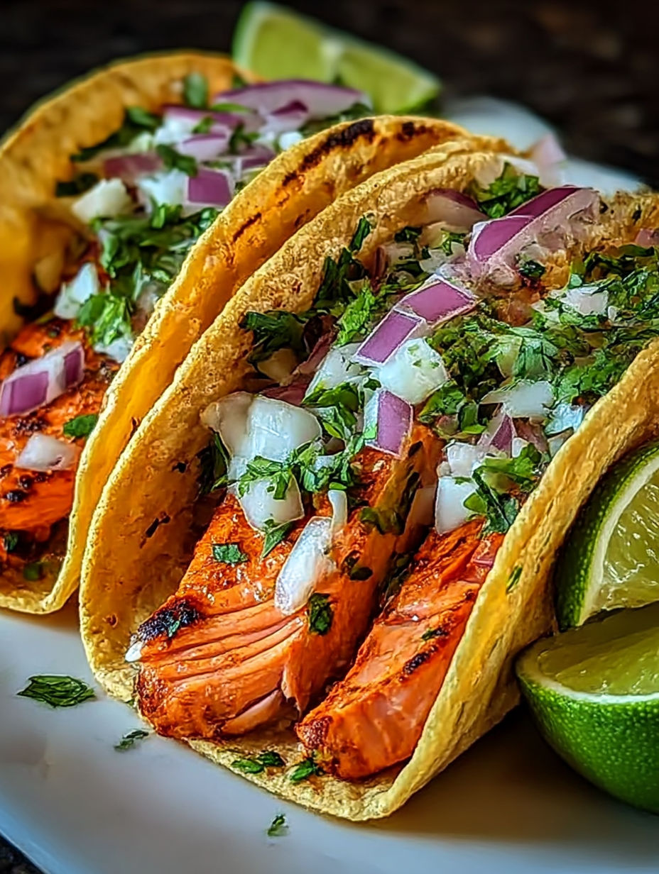 Zwei Chipotle-Limetten-Lachs-Tacos mit Zwiebeln und Limetten.