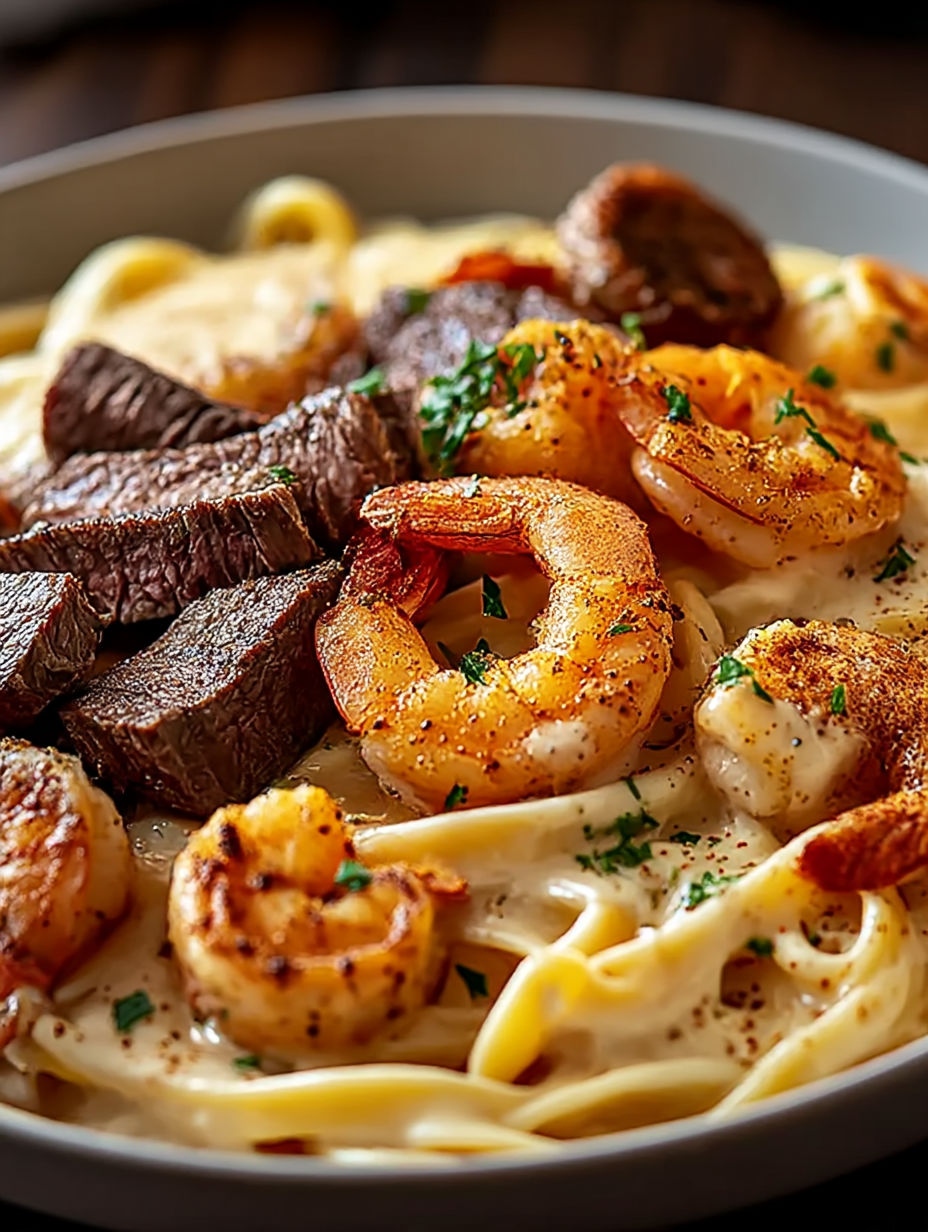 Teller mit cremiger Pasta, Garnelen und Steak im Cajun-Stil.