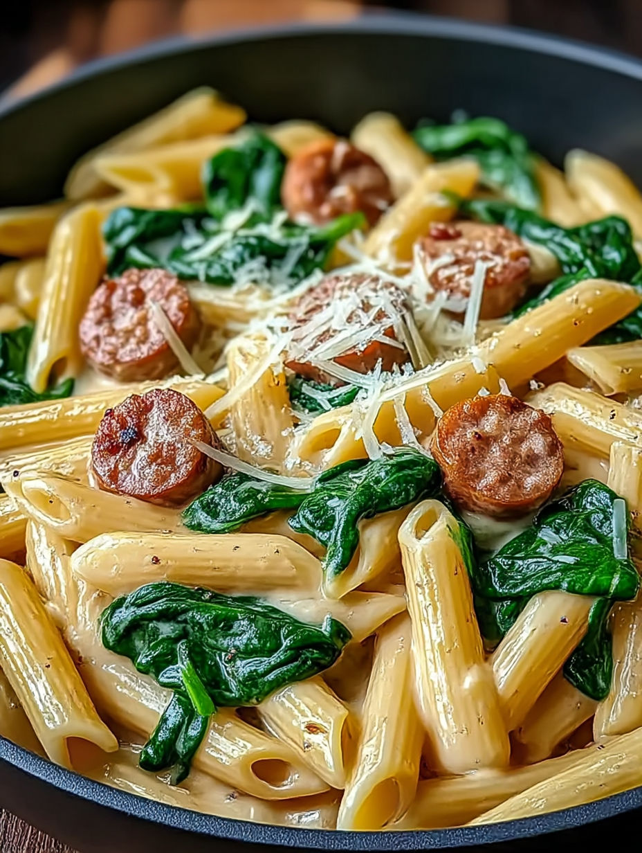 Leckere cremige Penne aus einer Pfanne mit Spinat und italienischer Wurst.