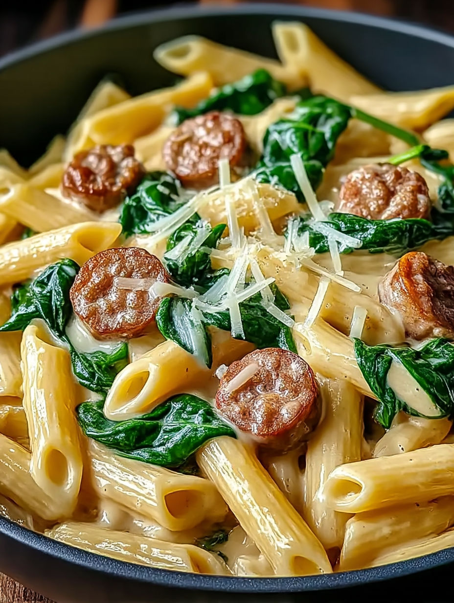 Ein Gericht mit Pasta, Spinat und Wurst.