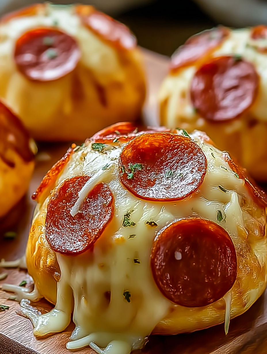 Nahaufnahme einer käsigen Pepperoni-Pizza-Bombe.