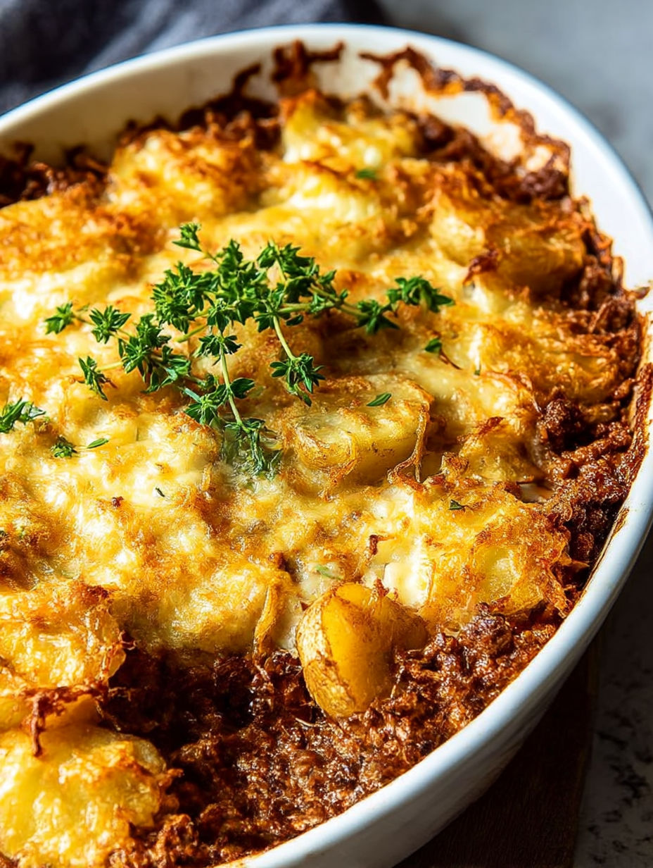 Eine Schüssel Auflauf mit frischem grünem Kraut als Deko.