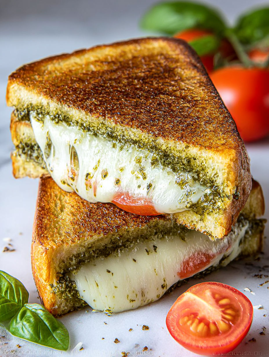 Eine Scheibe Pesto-Grillkäse-Sandwich.