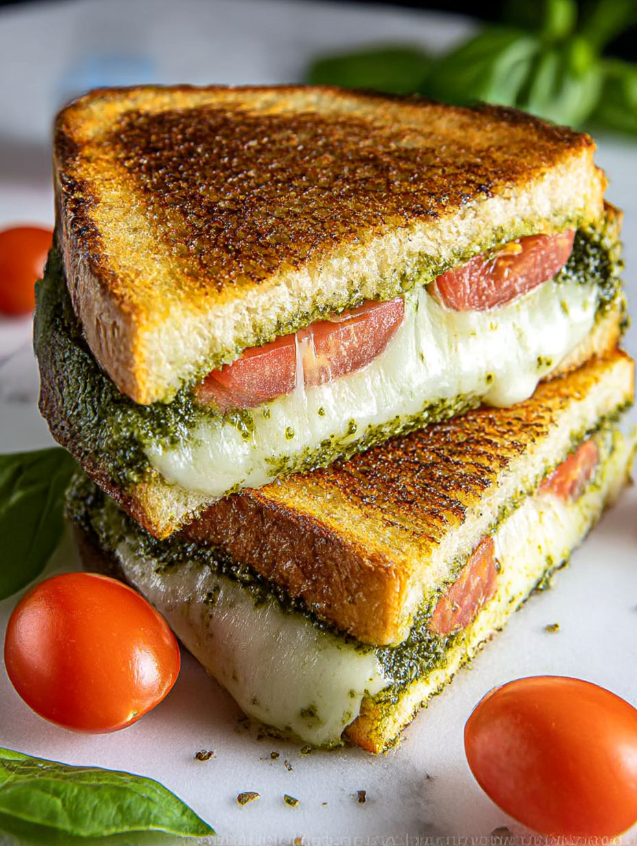 Ein Stapel Grillkäse-Sandwiches mit Pesto.