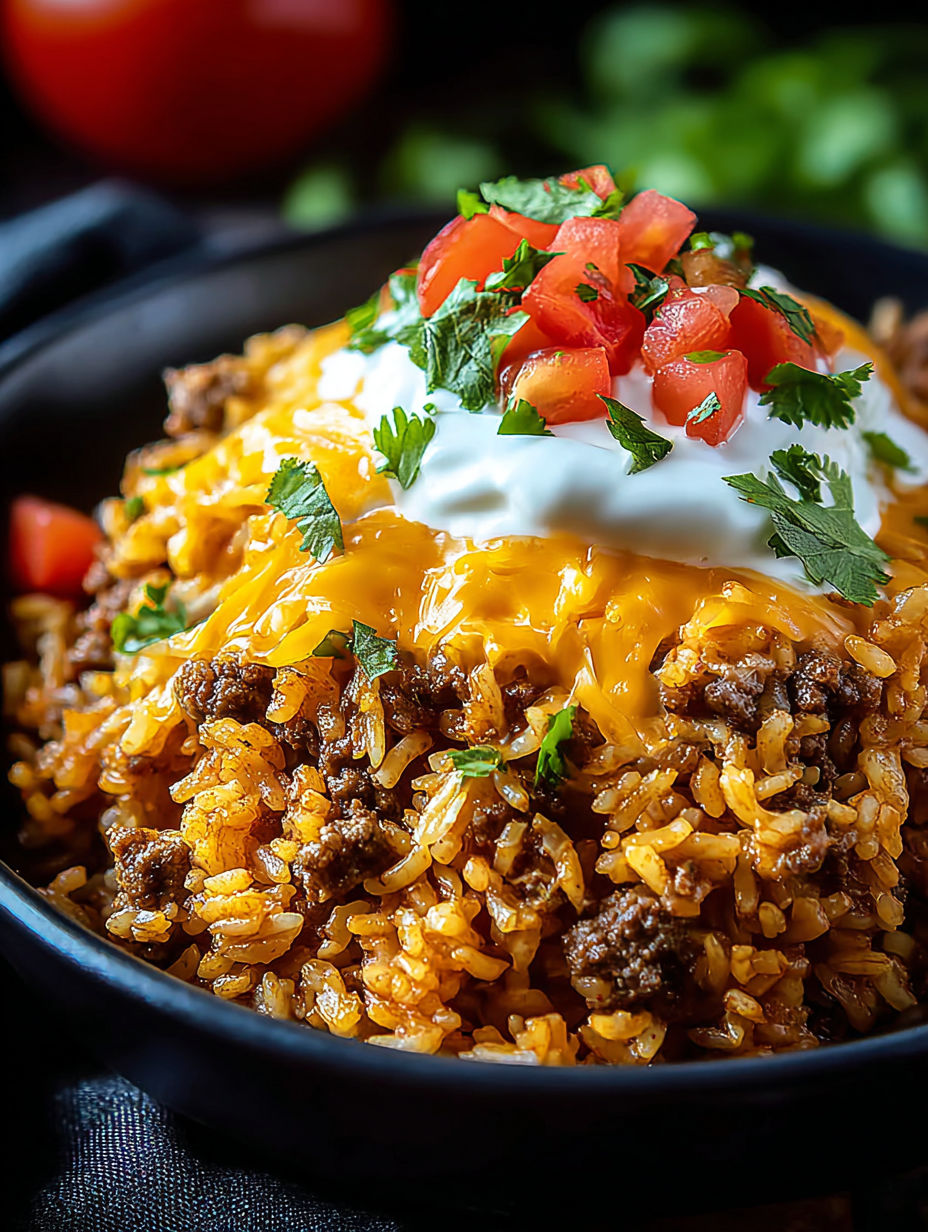 Schale mit Essen und weißem Käse obendrauf.