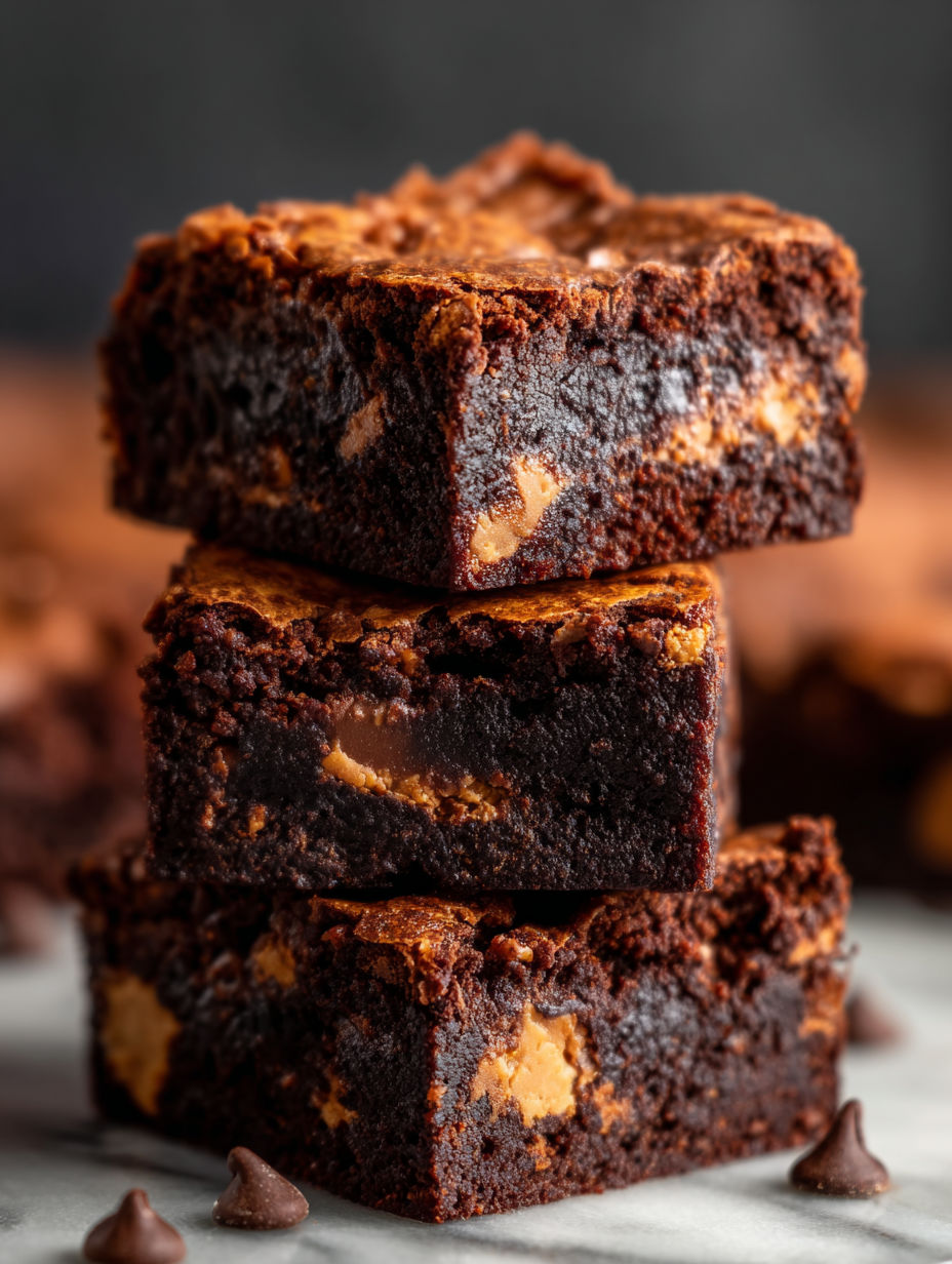 Drei Stücke vegane Erdnussbutter-Schoko-Brownies.