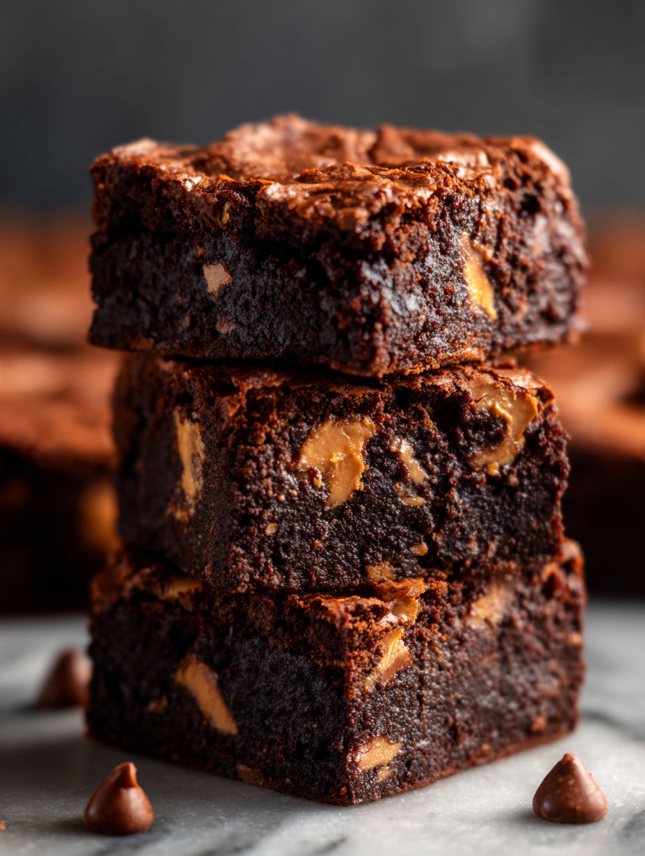 Drei Brownies gestapelt mit Erdnussbutter und Schokolade.