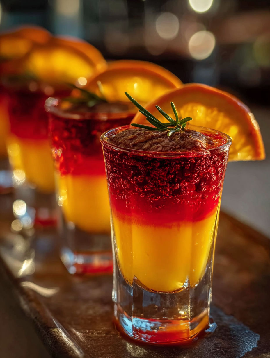 Ein Glas mit roter und gelber Flüssigkeit.