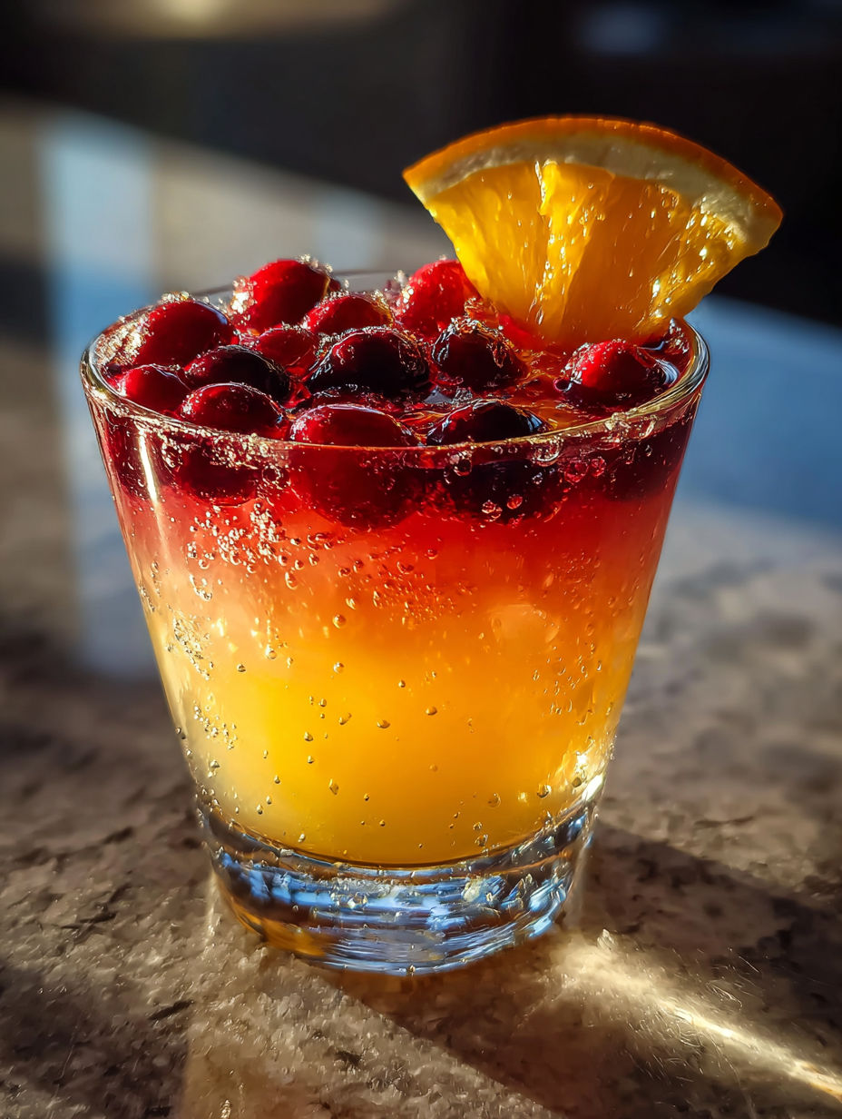 Ein Glas Rotwein mit Orangenscheibe oben drauf.