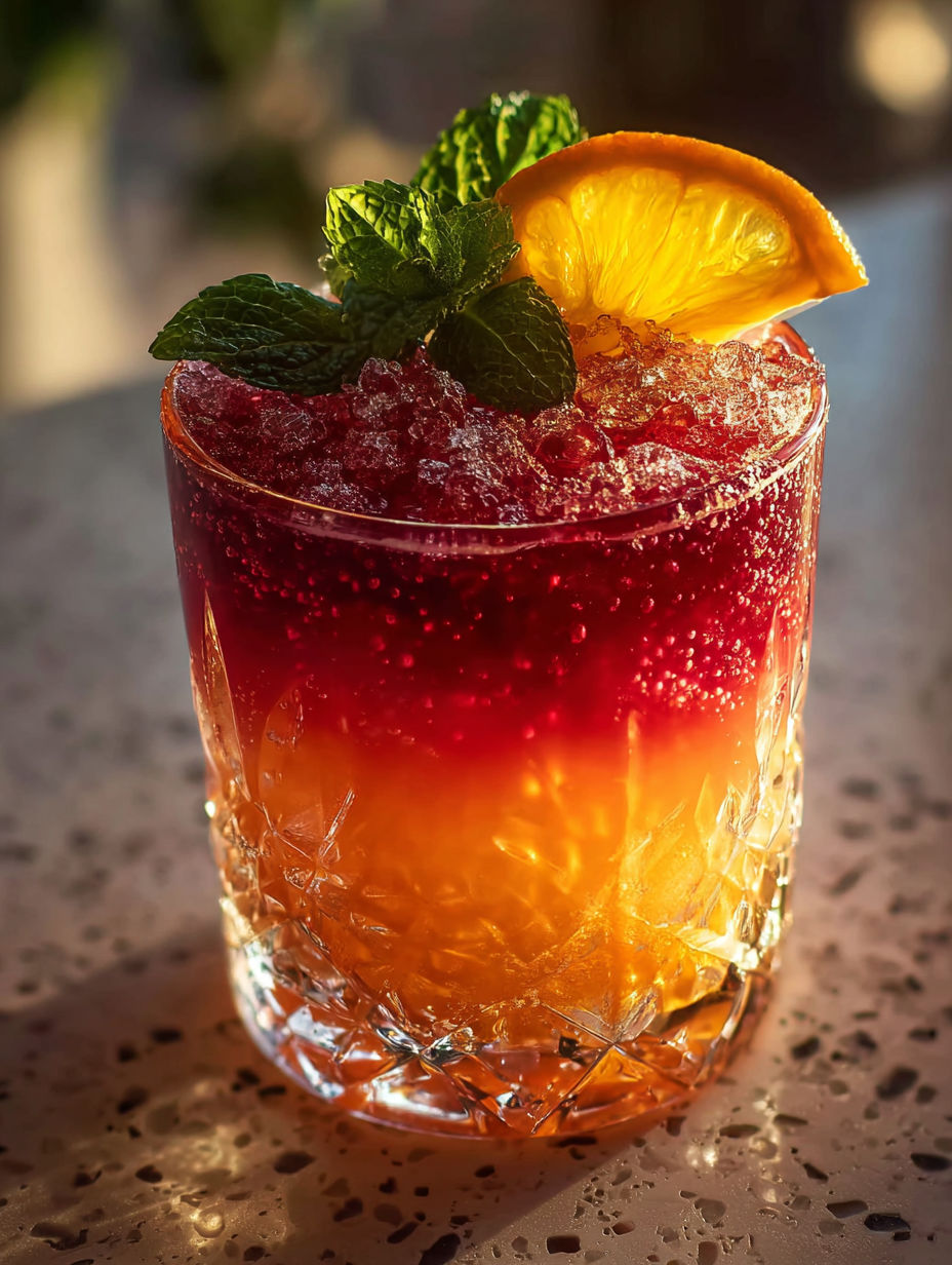 Ein Glas alkoholfreier Drink mit Orangenscheibe und Minze.