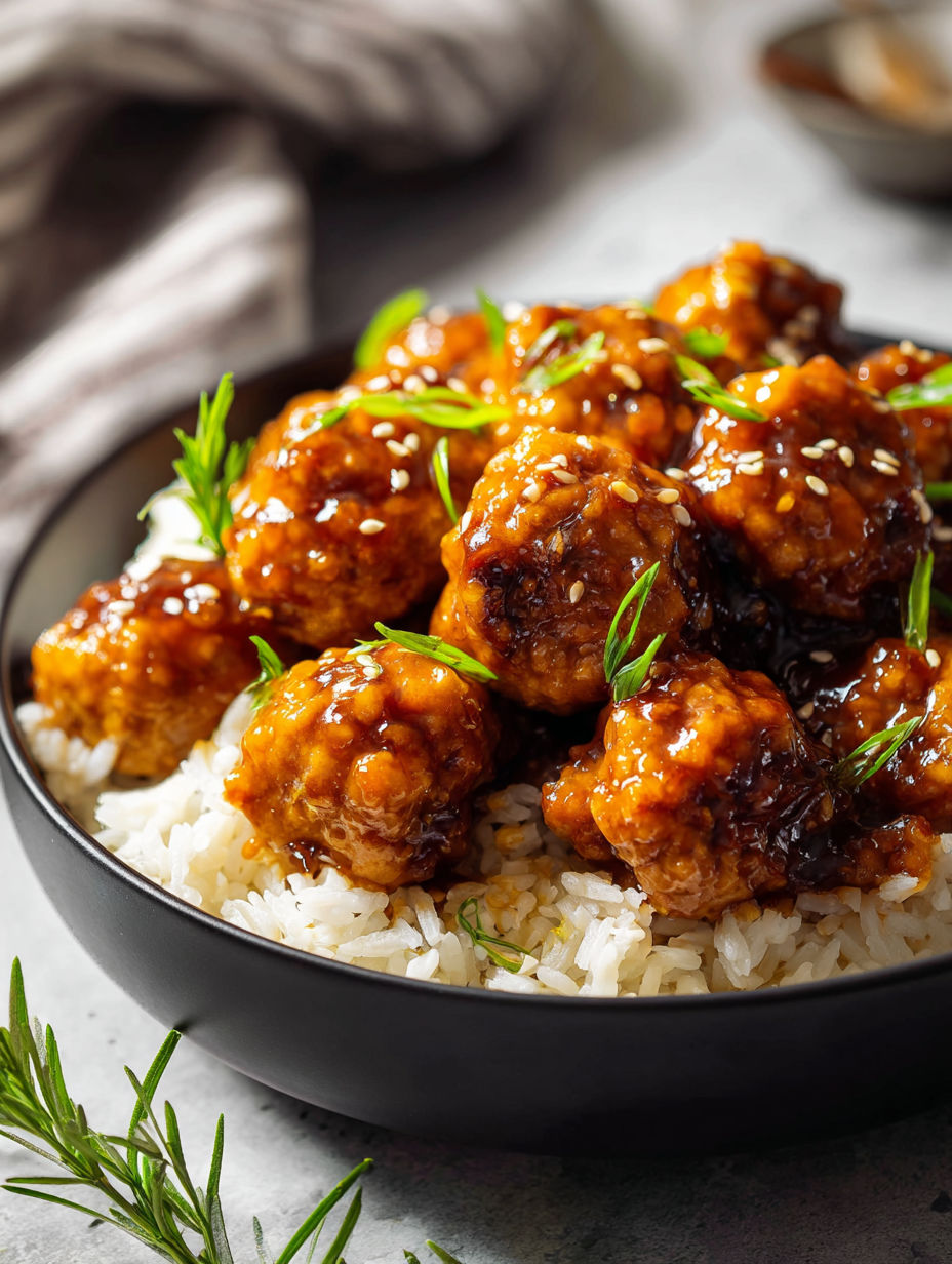 Eine Schüssel mit Hackbällchen und Reis.