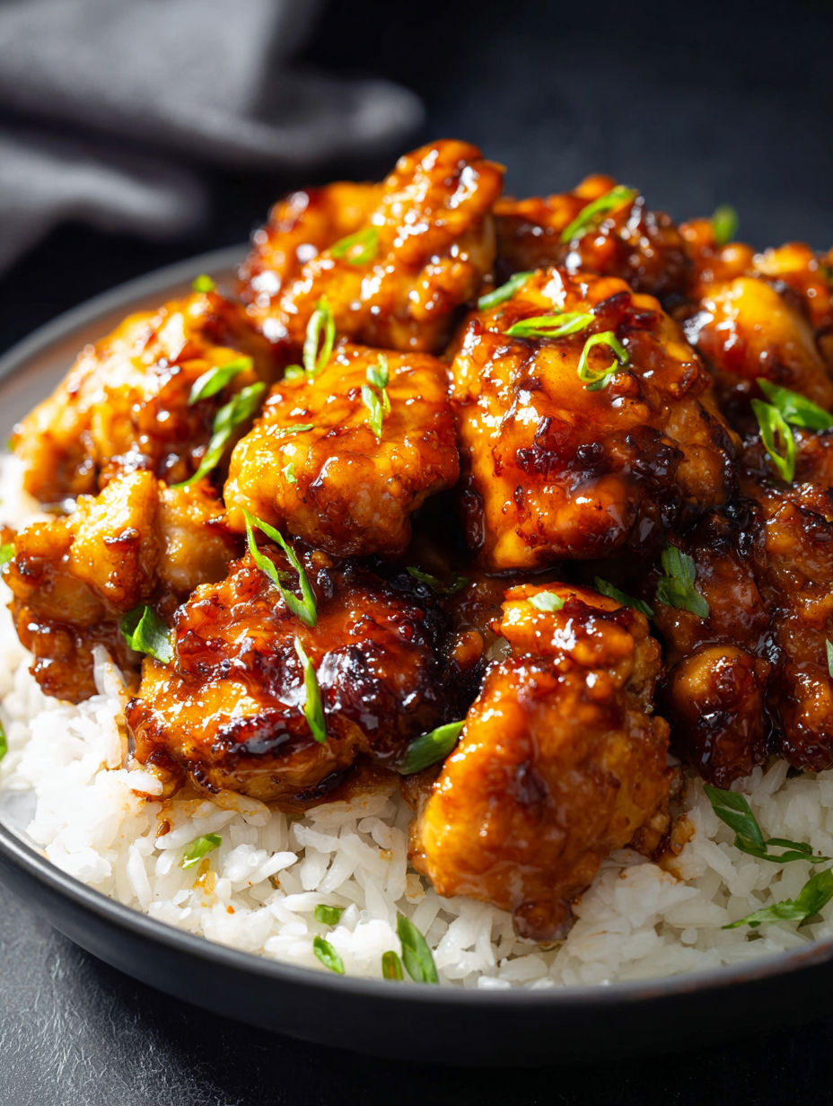 Ein Teller mit Huhn und Reis.