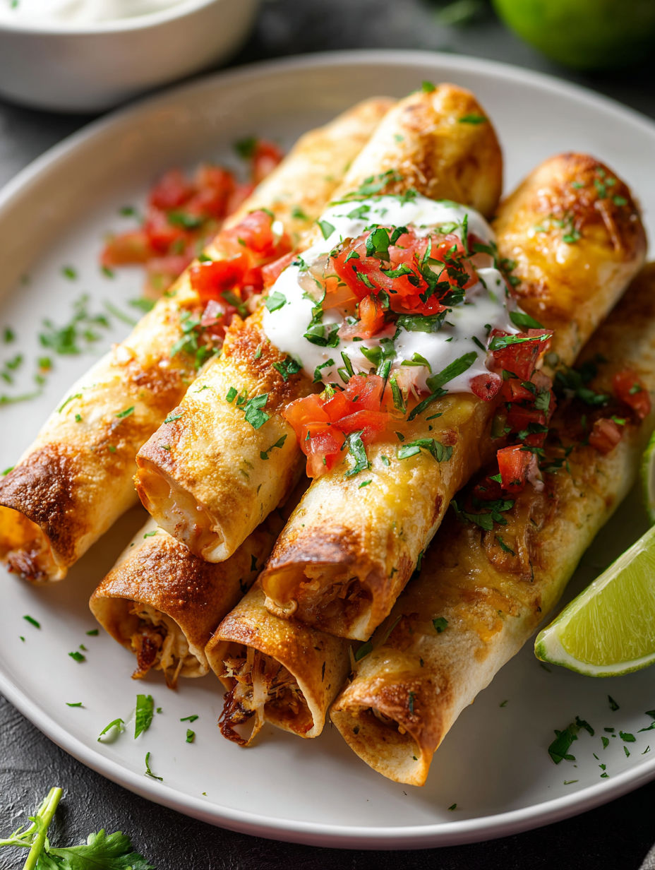 Hähnchen-Taquitos mit Crème fraîche und Tomaten.