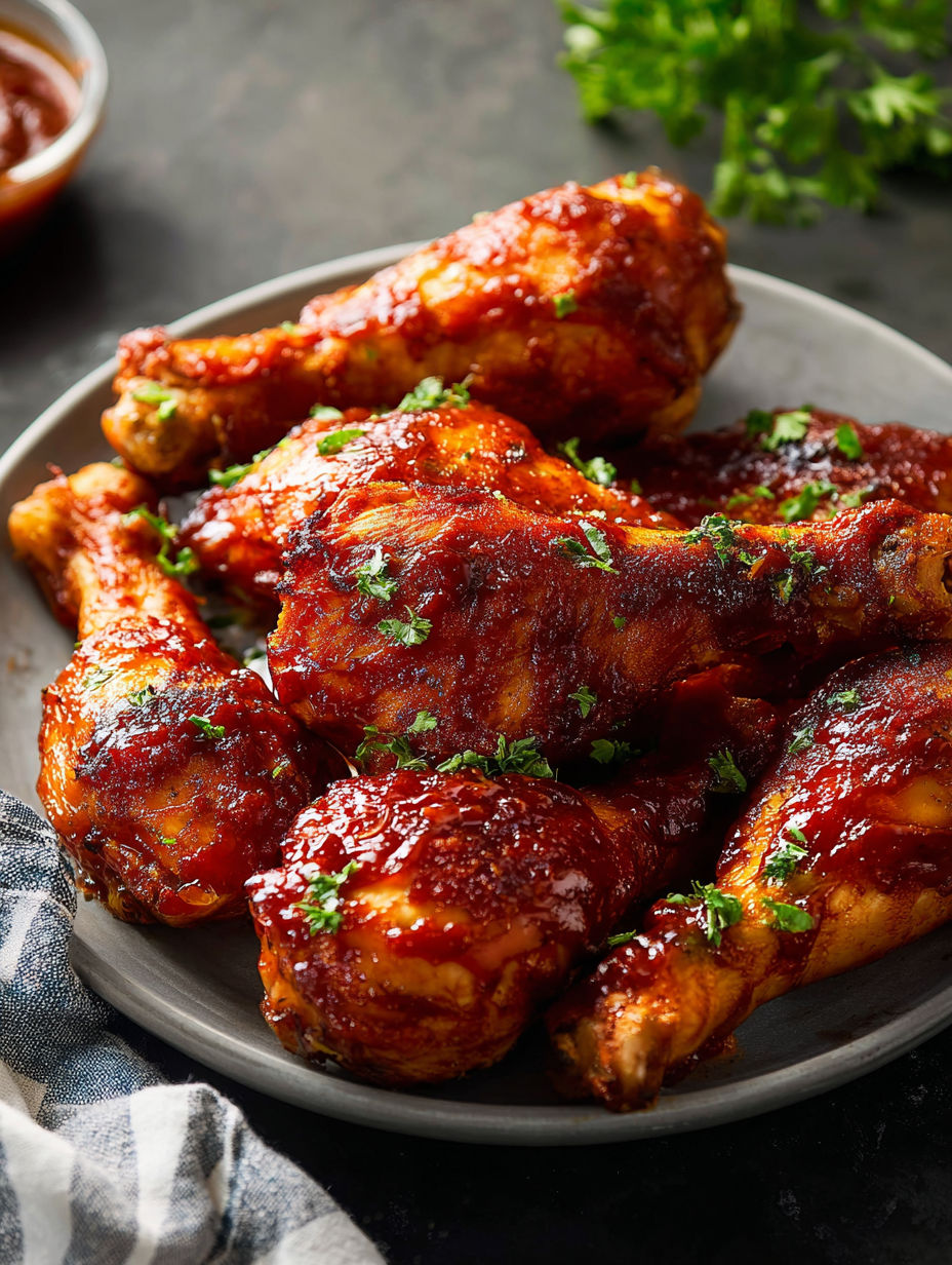 Ein Teller mit gebackenem BBQ-Hähnchen.