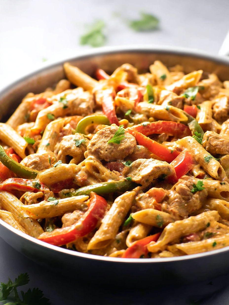 Eine Schüssel mit Hähnchen-Fajita-Pasta.