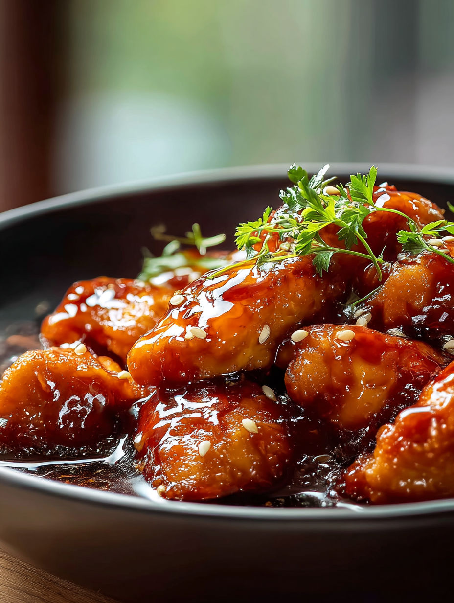 Ein Teller mit Hühnchen und Soße.