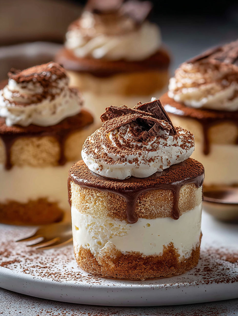 Drei kleine Tiramisu-Gläser mit Schokosoße.
