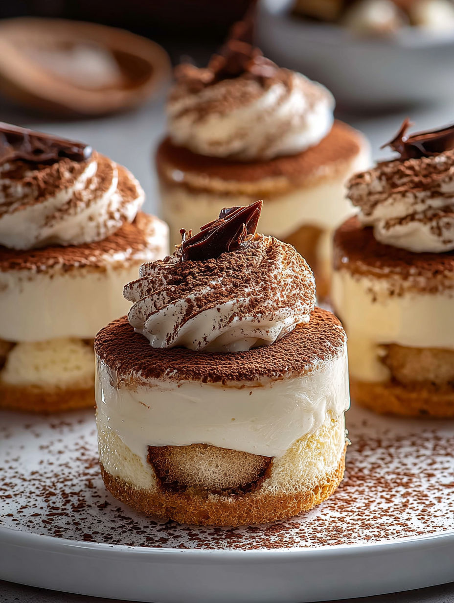 Vier kleine Tiramisu-Gläser mit Schoko-Topping.