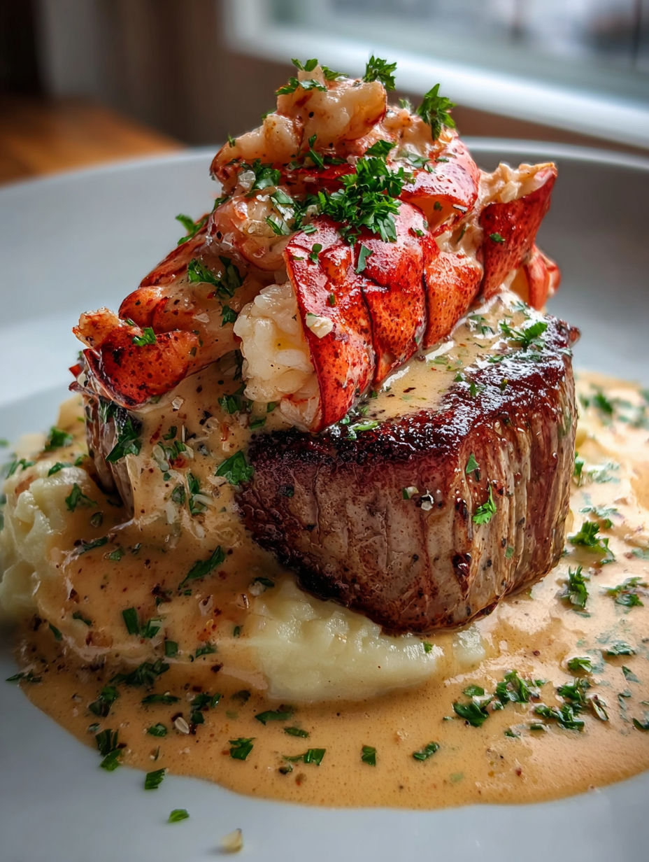 Ein Teller mit Hummer und cremiger Soße.