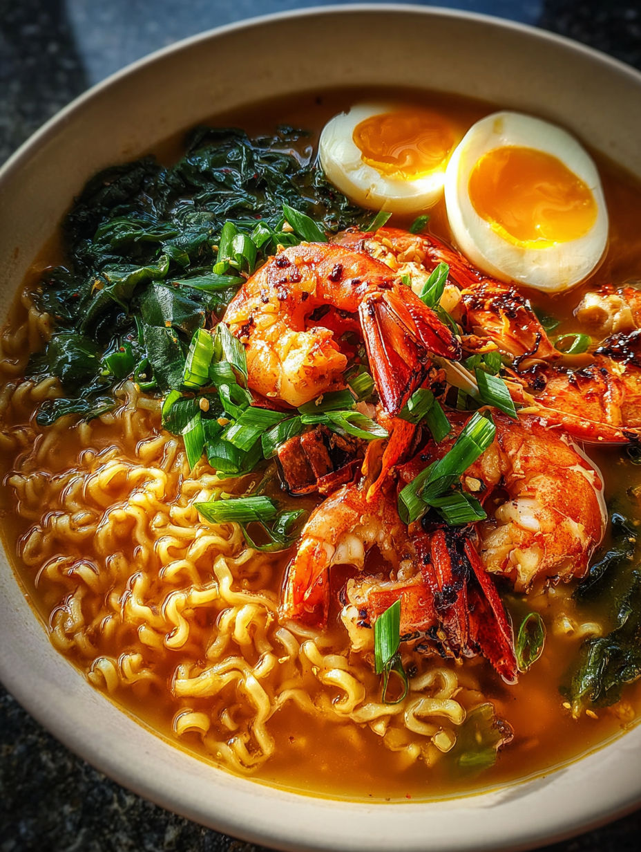 Schale Lobster Ramen mit Garnele und Ei.