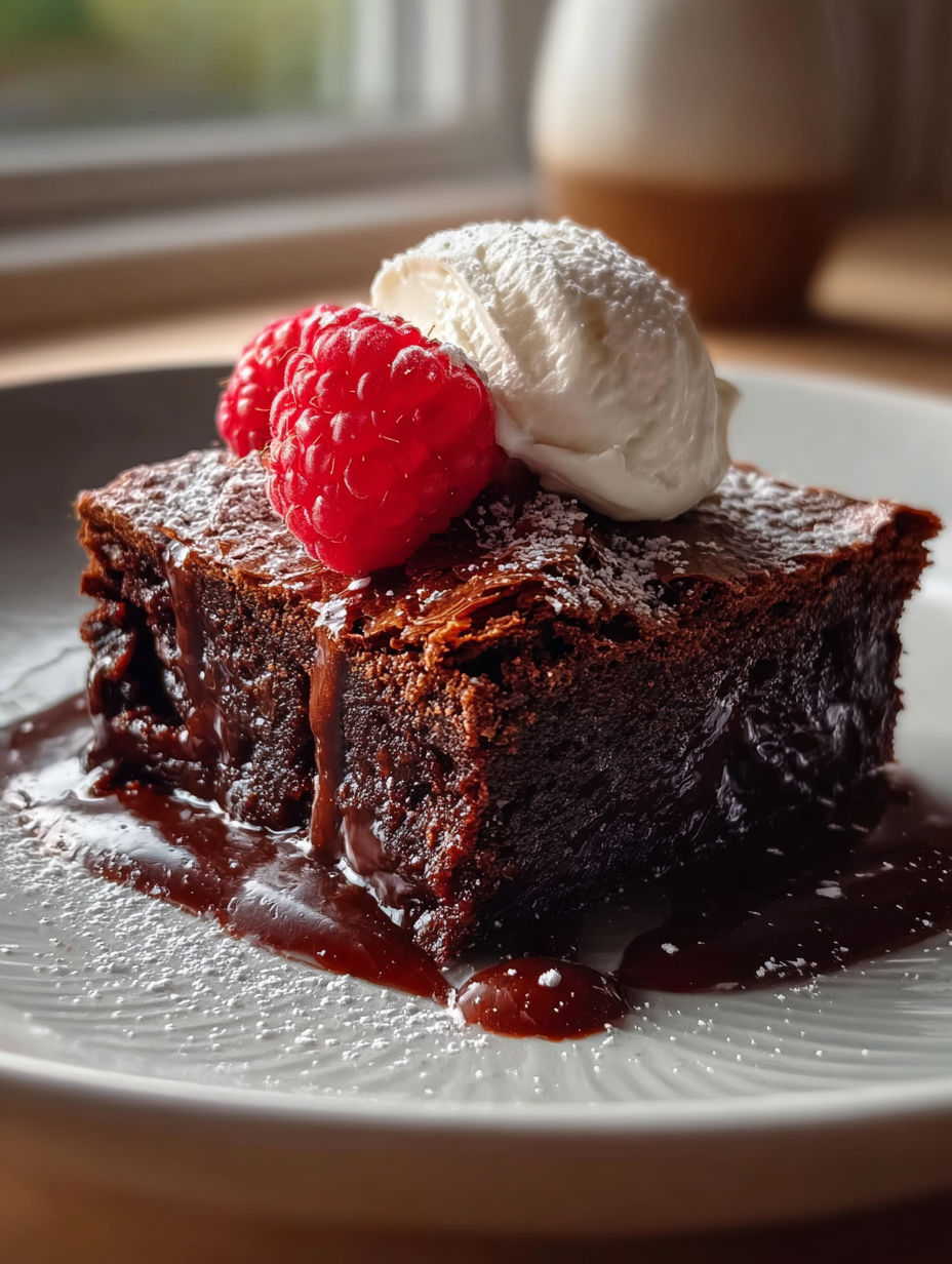 Schoko-Dessert mit Himbeere oben drauf.