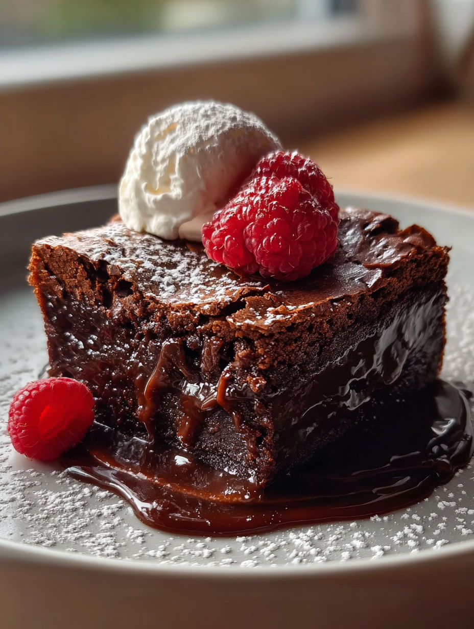 Schoko-Dessert mit weißer Creme und Himbeere.