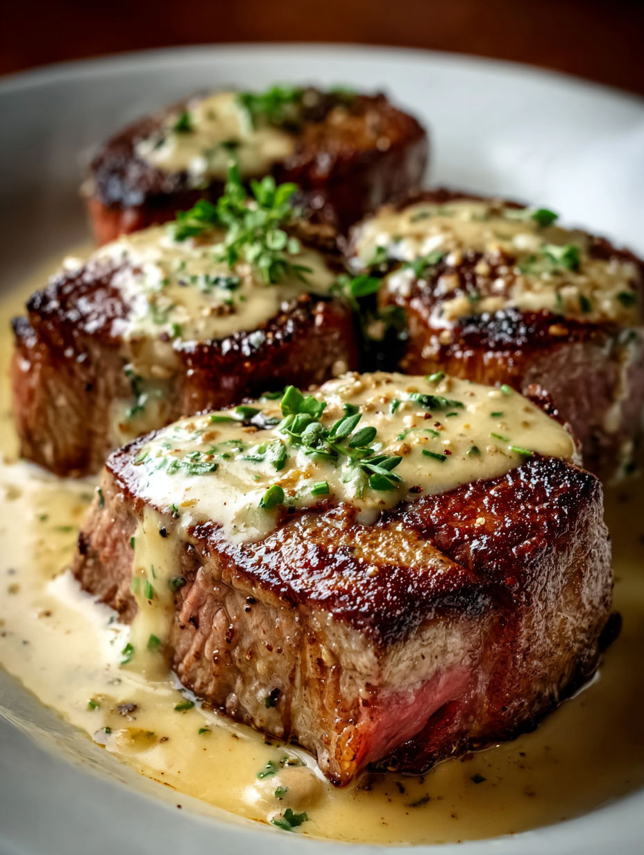 Nahaufnahme von Fleisch mit Knoblauchsoße.