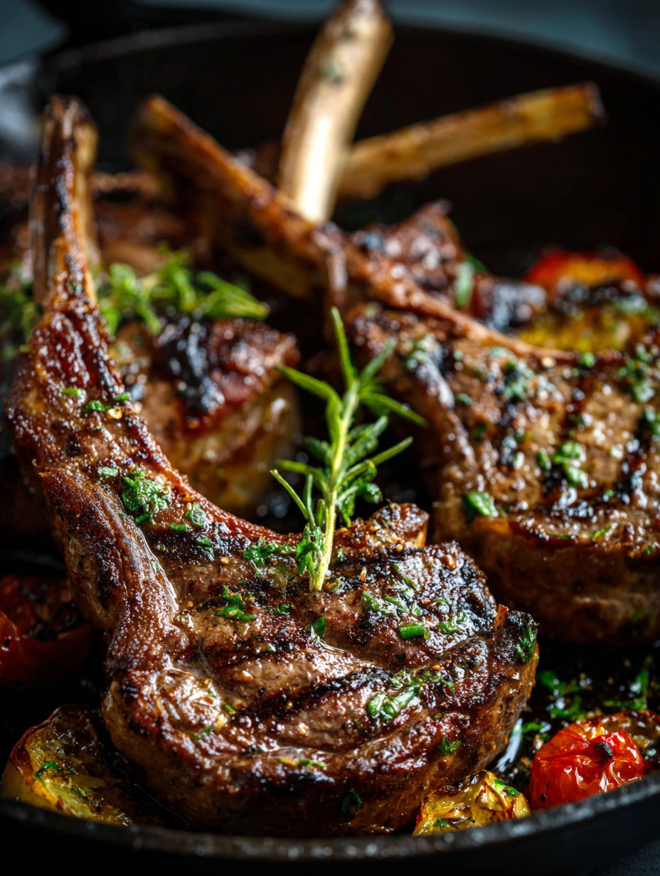 Nahaufnahme von griechischen Lammkoteletts mit Kräutern.