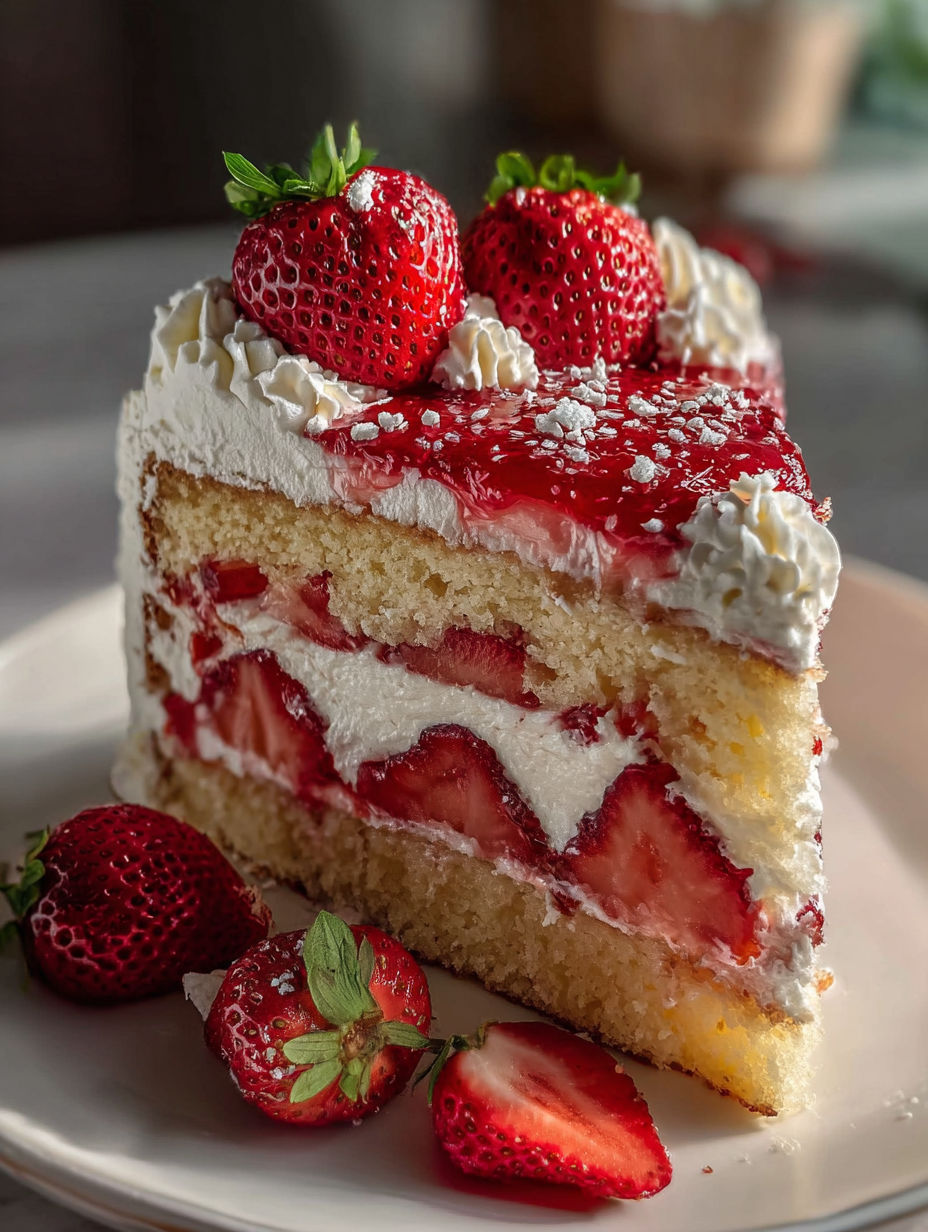 Ein Stück Kuchen mit Erdbeeren oben drauf.