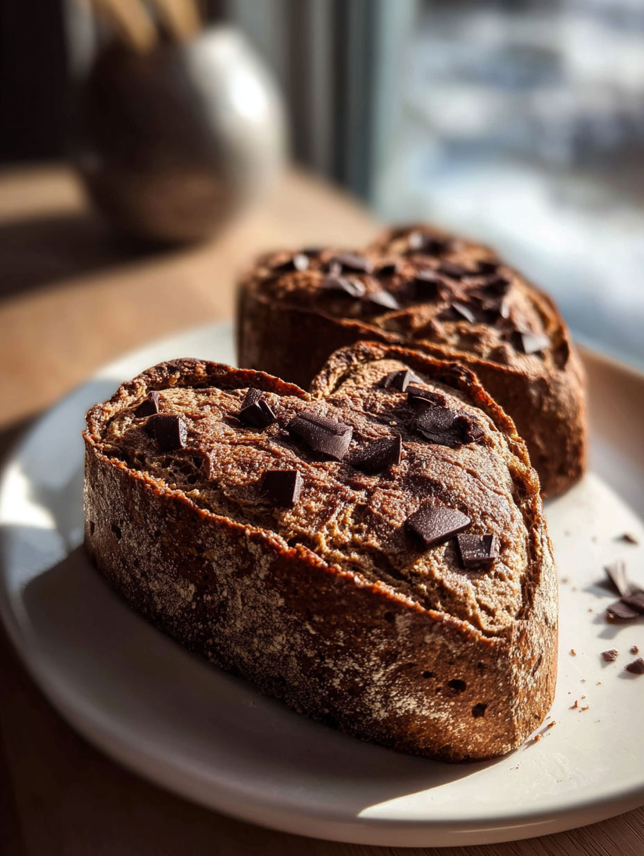 Herzförmiges Brot mit Schokostückchen obendrauf.