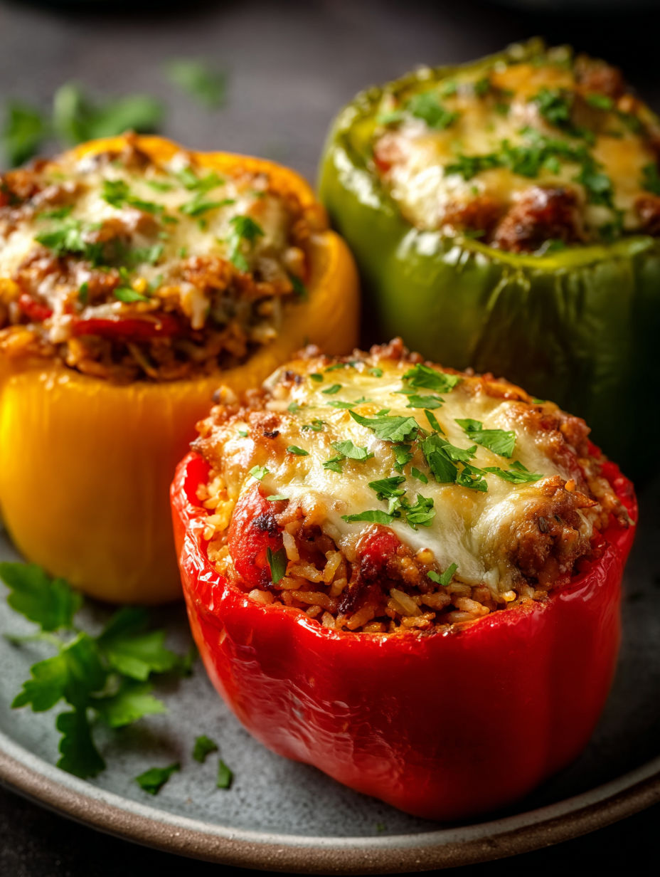 Drei Paprika gefüllt mit Reis und Käse.