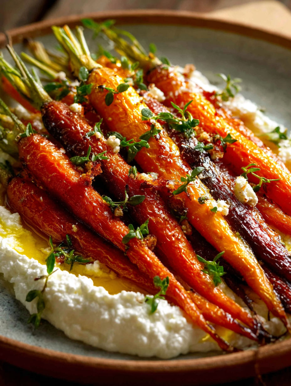 Geröstete Karotten mit luftiger Ricotta und scharfem Honig.