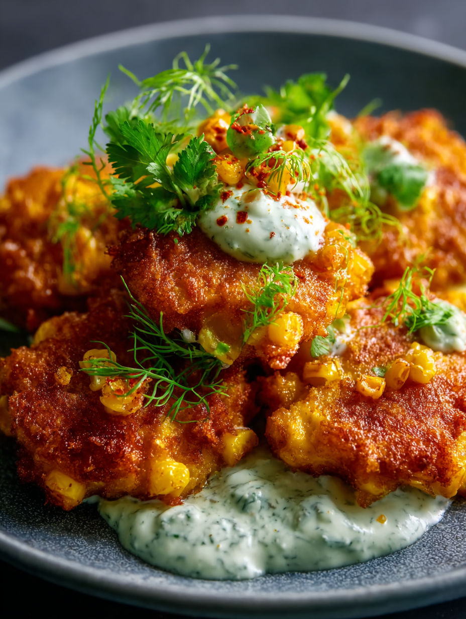 Ein leckeres Gericht mit Huhn und weißer Sauce, garniert mit Mais.