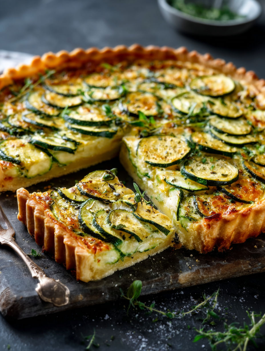 Ein Stück herzhafte Zucchini-Tarte.