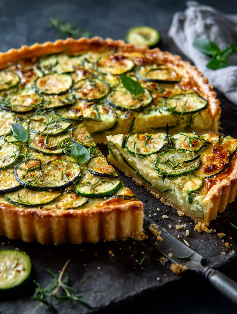 Ein Stück herzhafte Zucchini-Tarte.
