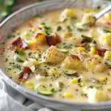 Eine Schüssel Suppe mit Mais und Zucchini.