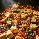 Ein Gericht Mapo Tofu mit Frühlingszwiebeln.