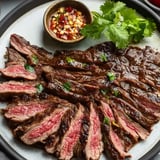Ein Teller mit geschnittenem Rindfleisch und einer Schüssel Gewürze.