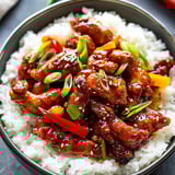 Eine Schüssel Dragon Chicken mit Reis.