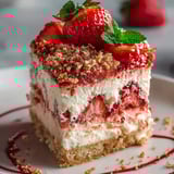 Ein Stück Kuchen, getoppt mit Erdbeeren.