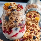Ein Glas voll Granola mit Blaubeeren und Orangenstücken.